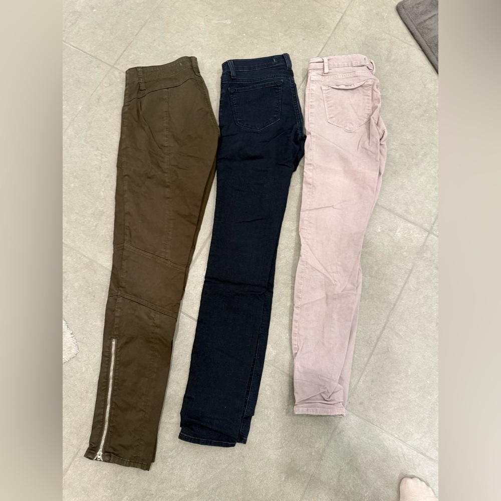 Trio of J Brand Skinny Jeans in Olive Green/Brown, Blue, and Pink jeans 25